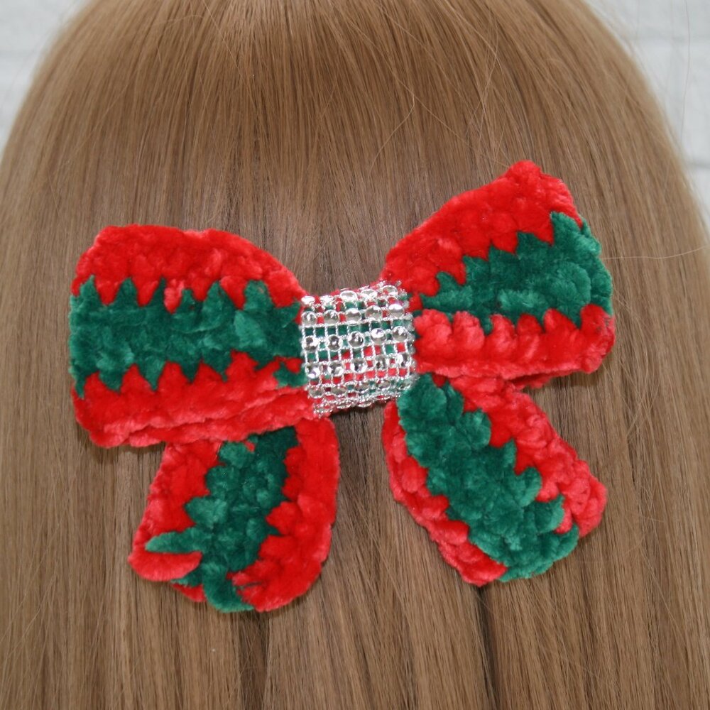 HAND CRAFTED Crochet Bow Chenille Red Green Velvet Hair Barrette Christmas